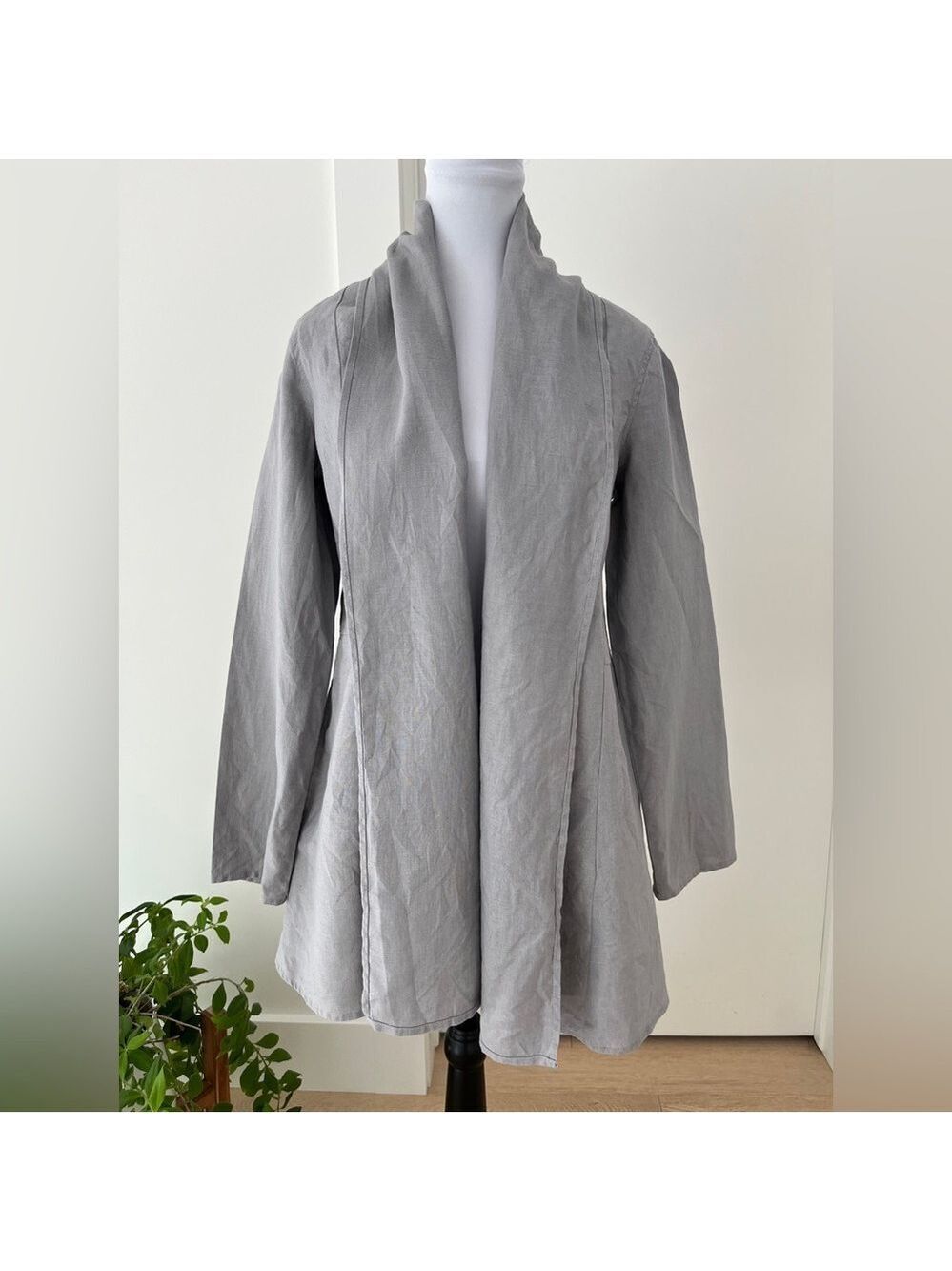 BLU'S 100% Linen Grey Open Front Long Sleeve Jacket Mid Length Coastal Neutral